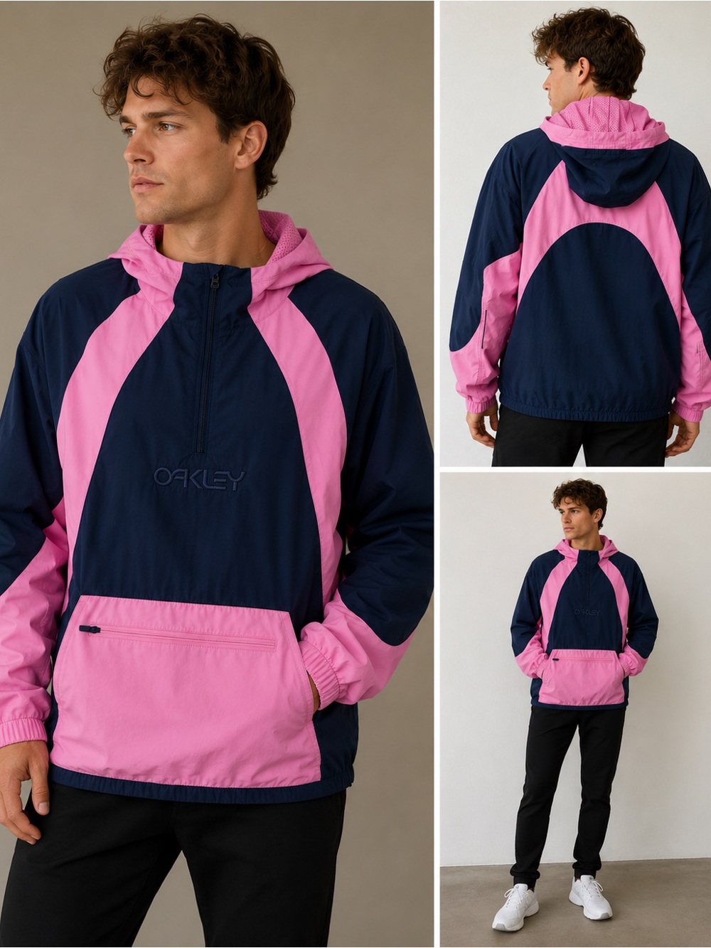 new oakley verve rc anorak men’s xl team navy pink hooded windbreaker jacket